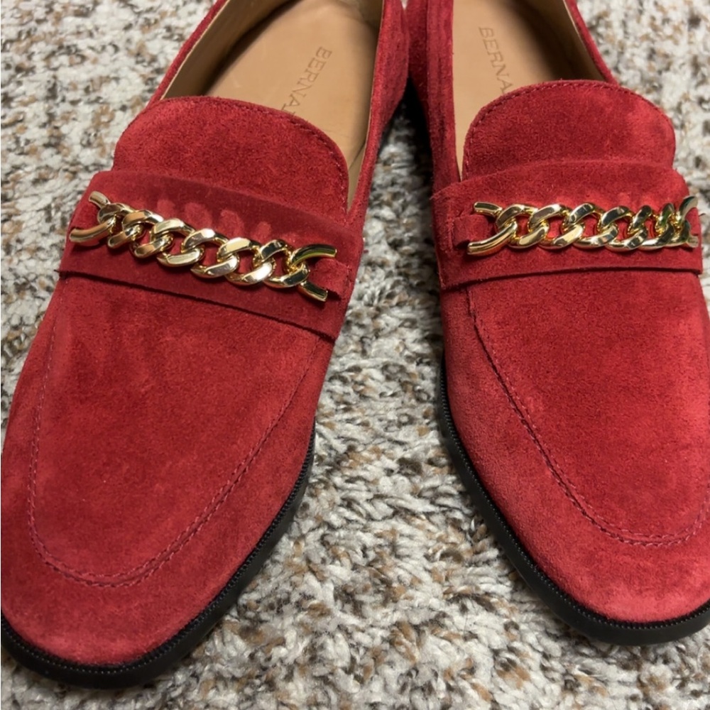 Bernardo Red Suede Loafers with Gold Chain